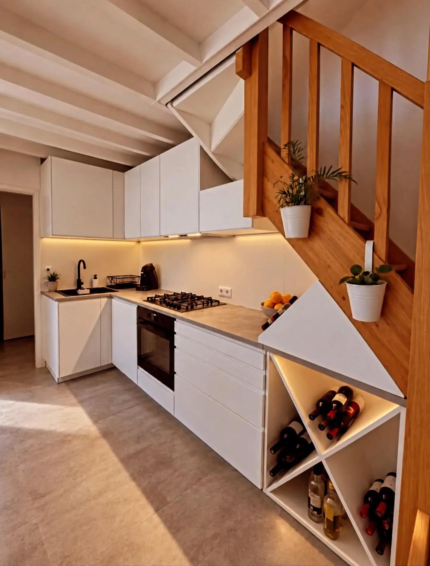 White kitchen integrated under the stairs with wine storage